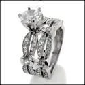 1 Ct Round Cubic Zirconia 6 Prong Tiffany Setting Matching Engagement Ring Set Half Bezel Sides 14K W Gold