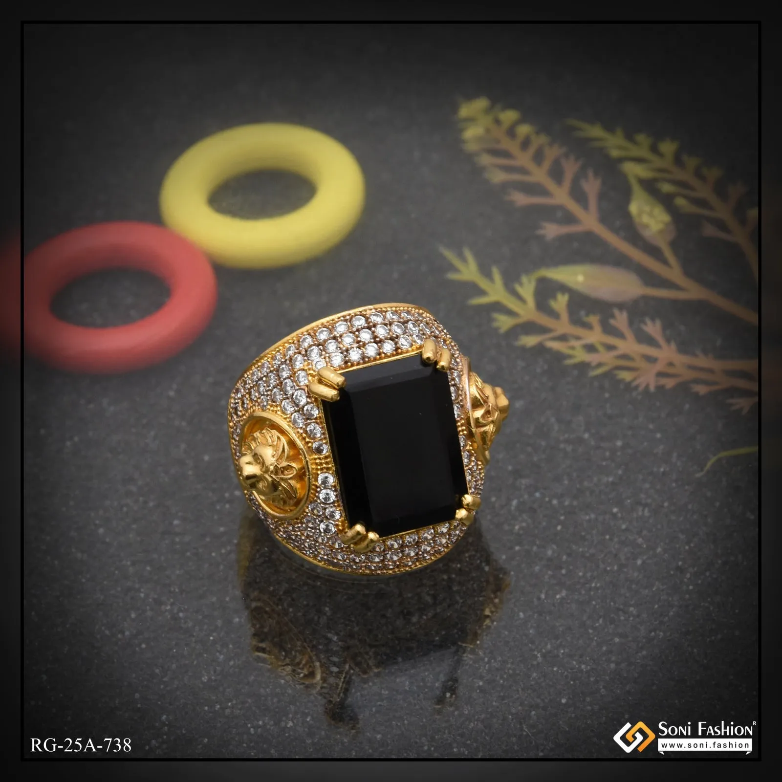 1 Gram Gold Forming - Black Stone with Diamond Fashionable Design Ring - Style A738