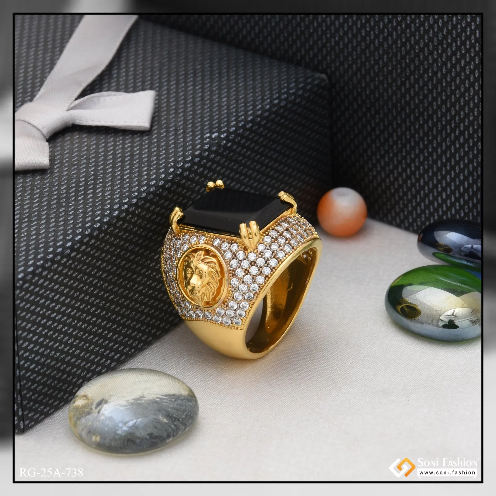 1 Gram Gold Forming - Black Stone with Diamond Fashionable Design Ring - Style A738