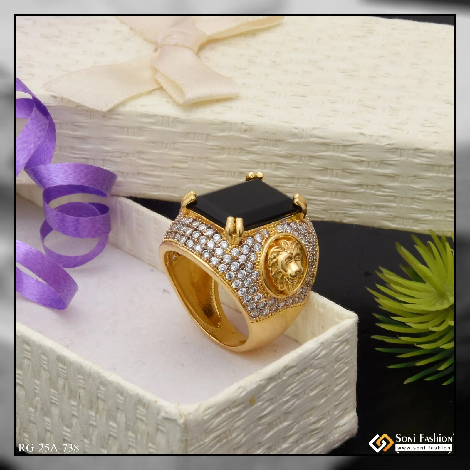 1 Gram Gold Forming - Black Stone with Diamond Fashionable Design Ring - Style A738