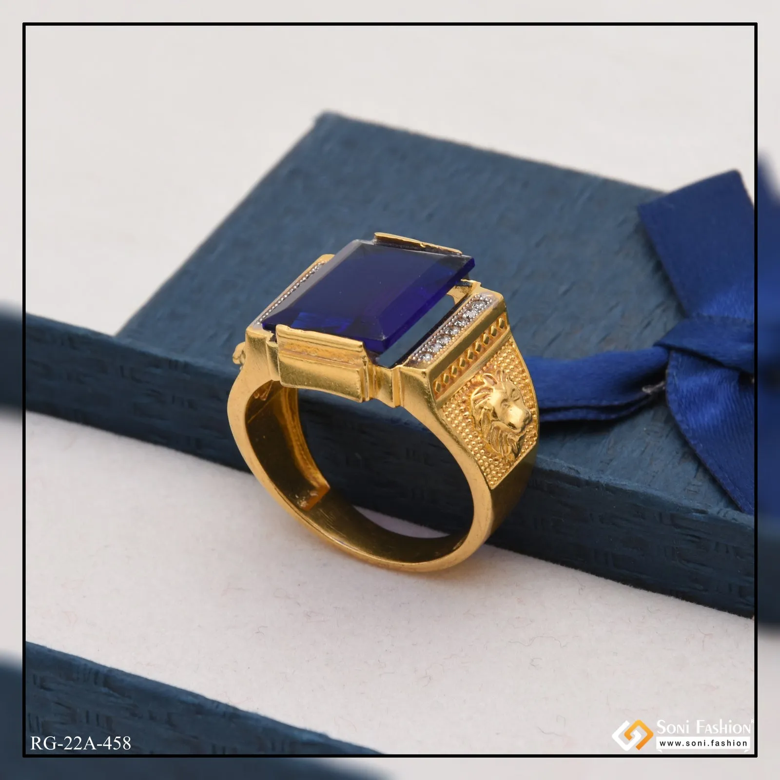 1 Gram Gold Forming Blue Stone with Diamond Glittering Design Ring - Style A458