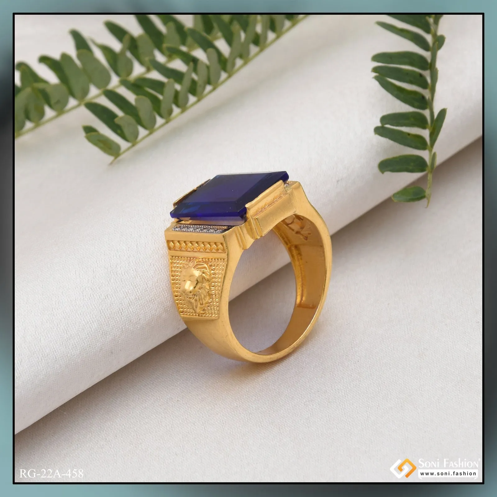 1 Gram Gold Forming Blue Stone with Diamond Glittering Design Ring - Style A458