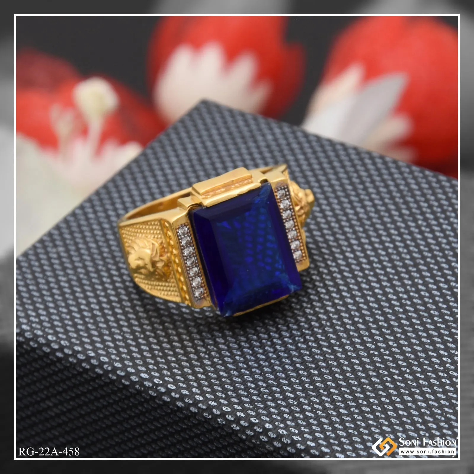 1 Gram Gold Forming Blue Stone with Diamond Glittering Design Ring - Style A458