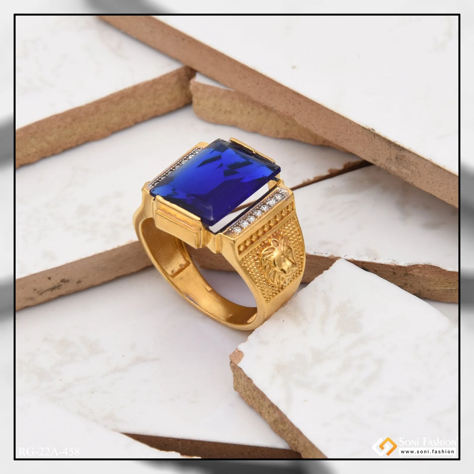 1 Gram Gold Forming Blue Stone with Diamond Glittering Design Ring - Style A458