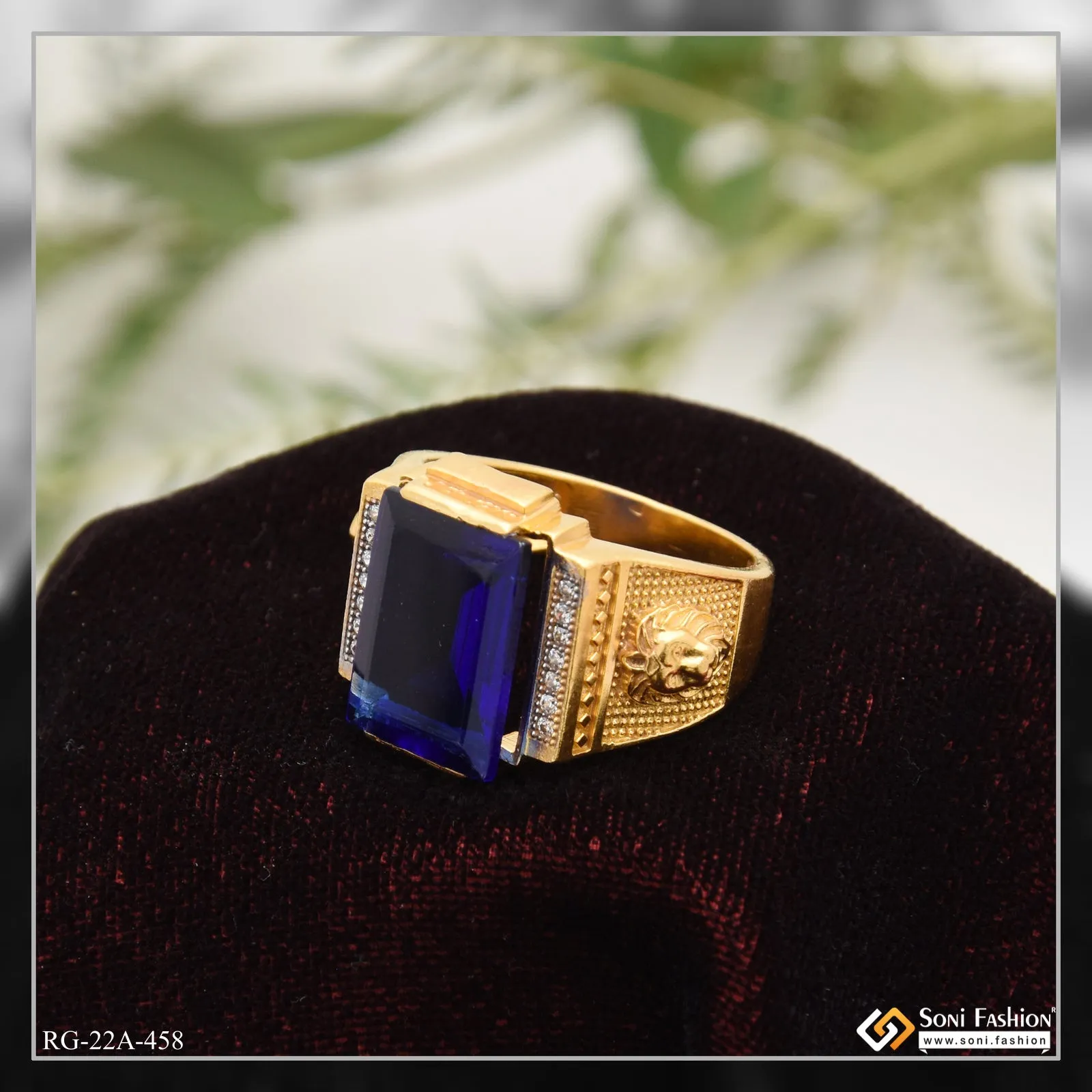 1 Gram Gold Forming Blue Stone with Diamond Glittering Design Ring - Style A458