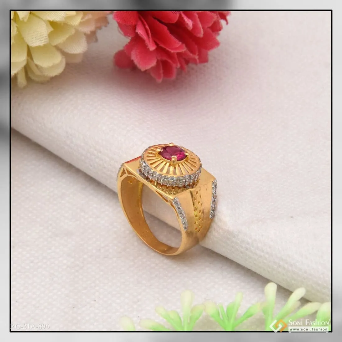 1 Gram Gold Forming Pink Stone With Diamond Best Quality Ring For Men - Style A896