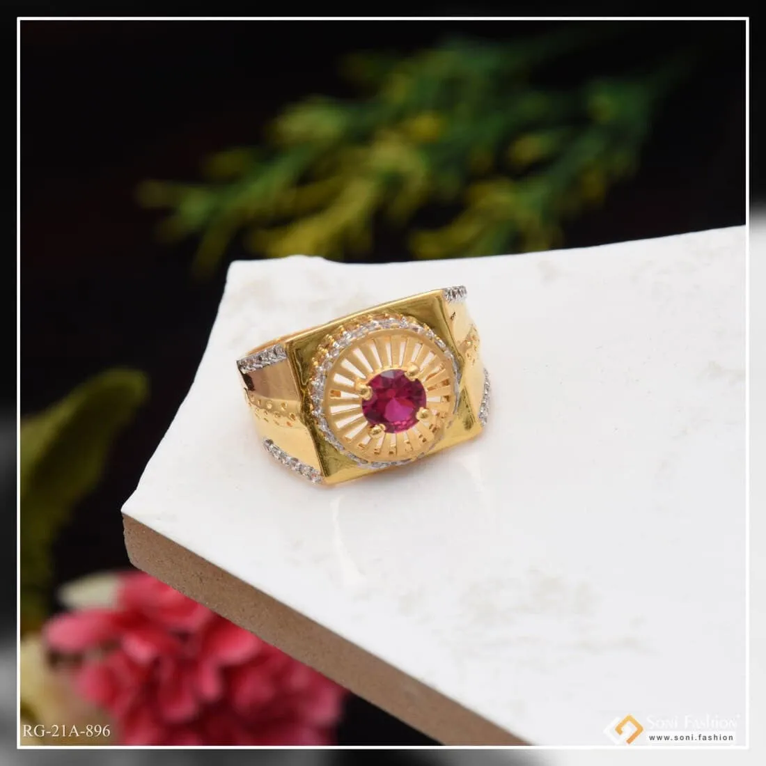 1 Gram Gold Forming Pink Stone With Diamond Best Quality Ring For Men - Style A896