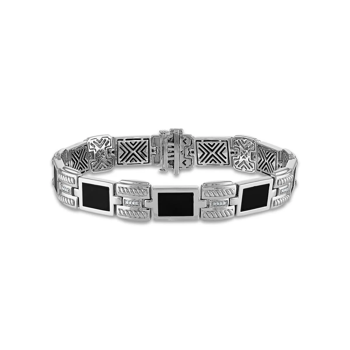 1/10 CTW Diamond and Black Onyx Link 8.5-inch Bracelet in Rhodium Plated Sterling Silver