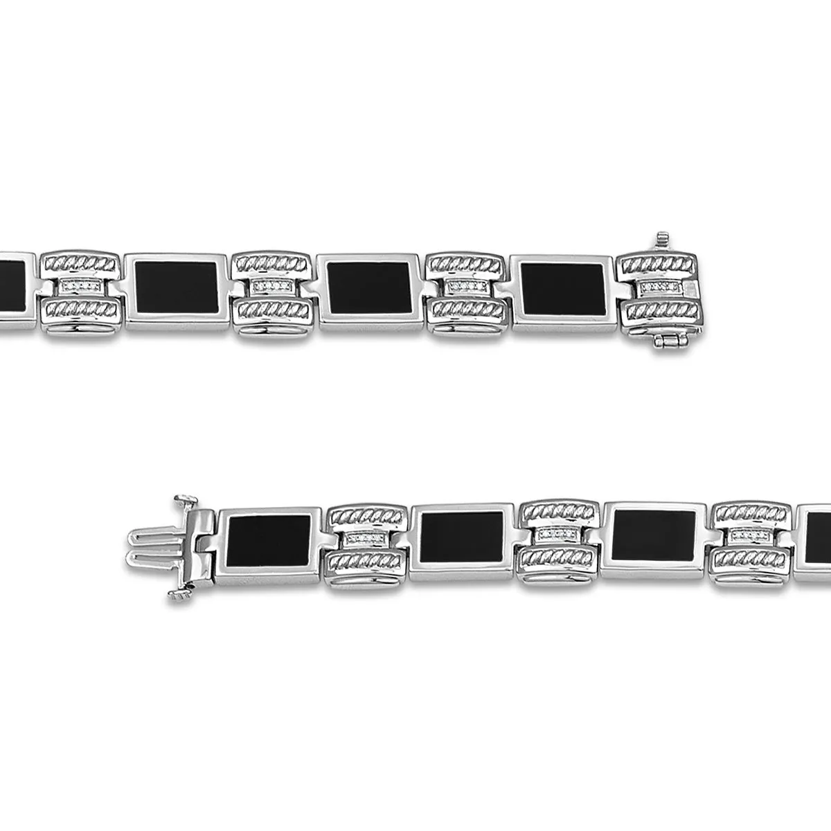 1/10 CTW Diamond and Black Onyx Link 8.5-inch Bracelet in Rhodium Plated Sterling Silver