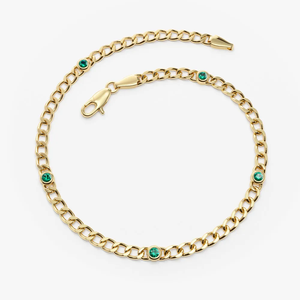 14k Gold Cuban Link Bracelet w/ Bezel Setting Emerald