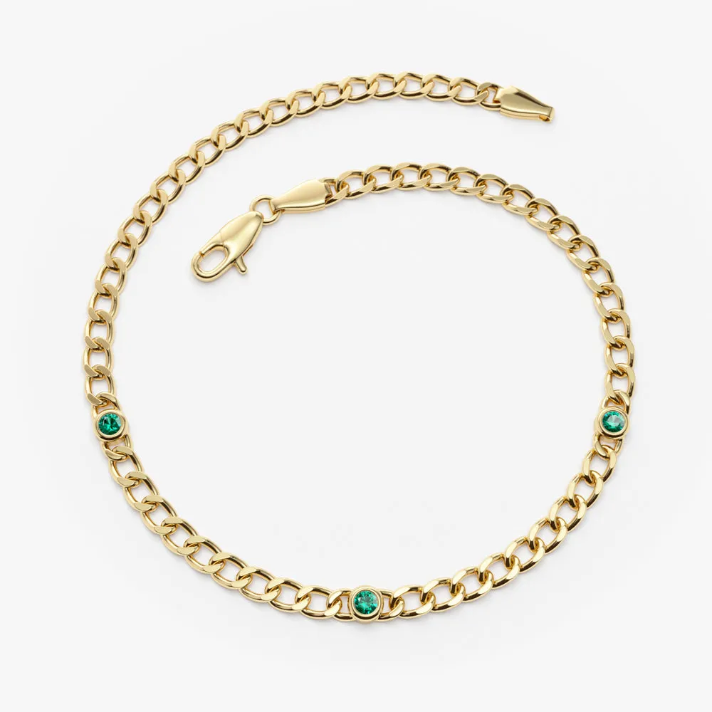 14k Gold Cuban Link Bracelet w/ Bezel Setting Emerald