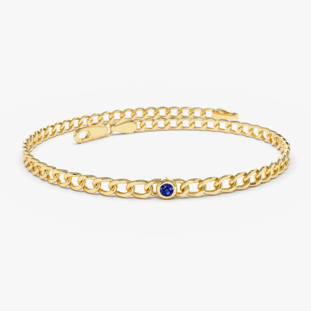 14k Gold Cuban Link Bracelet w/ Bezel Setting Sapphire