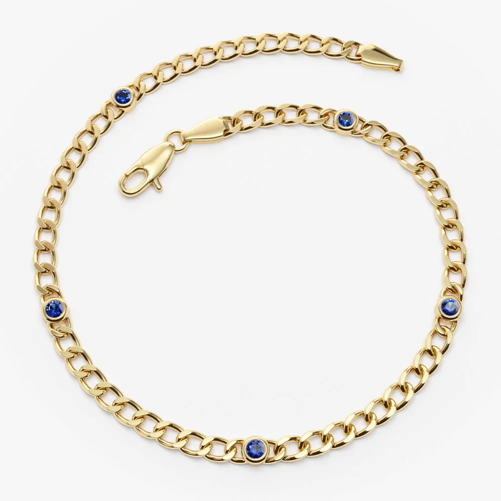 14k Gold Cuban Link Bracelet w/ Bezel Setting Sapphire