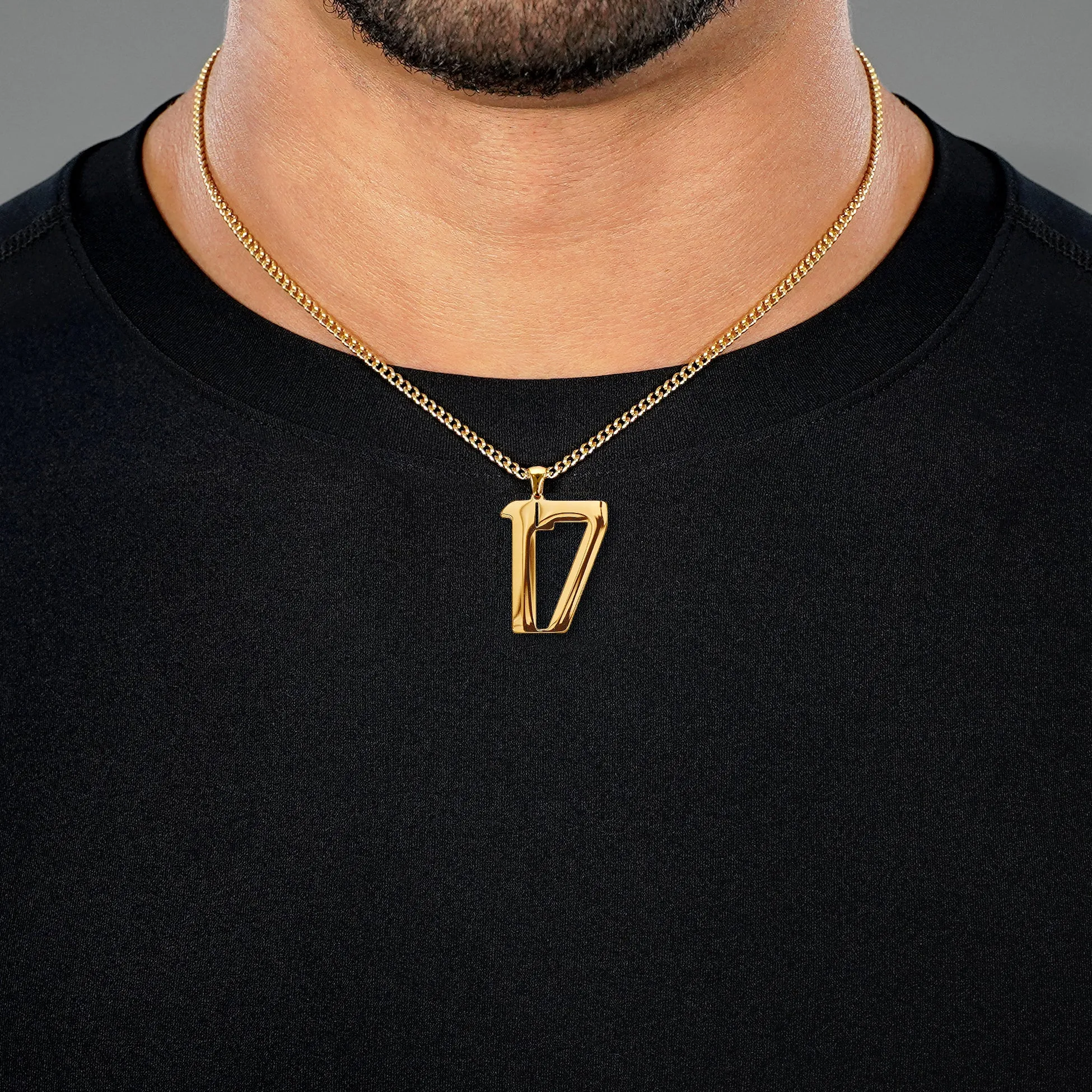 17 Number Pendant with Chain Necklace - Gold Plated Stainless Steel