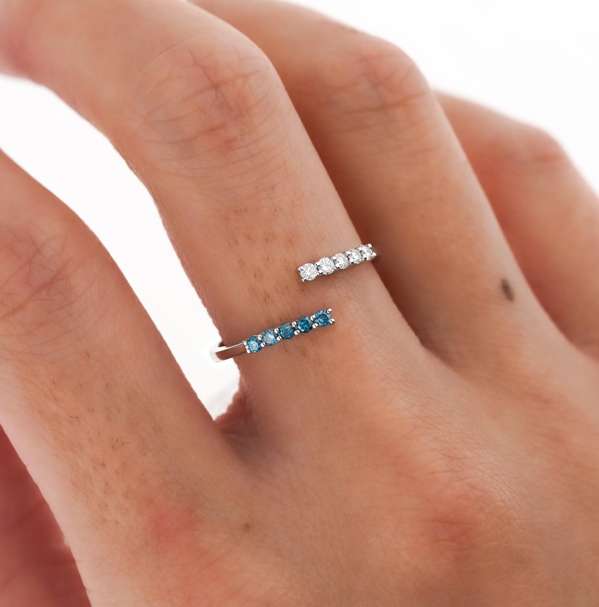 18k White Gold Blue Sapphire and Diamond Thin Bypass Ring