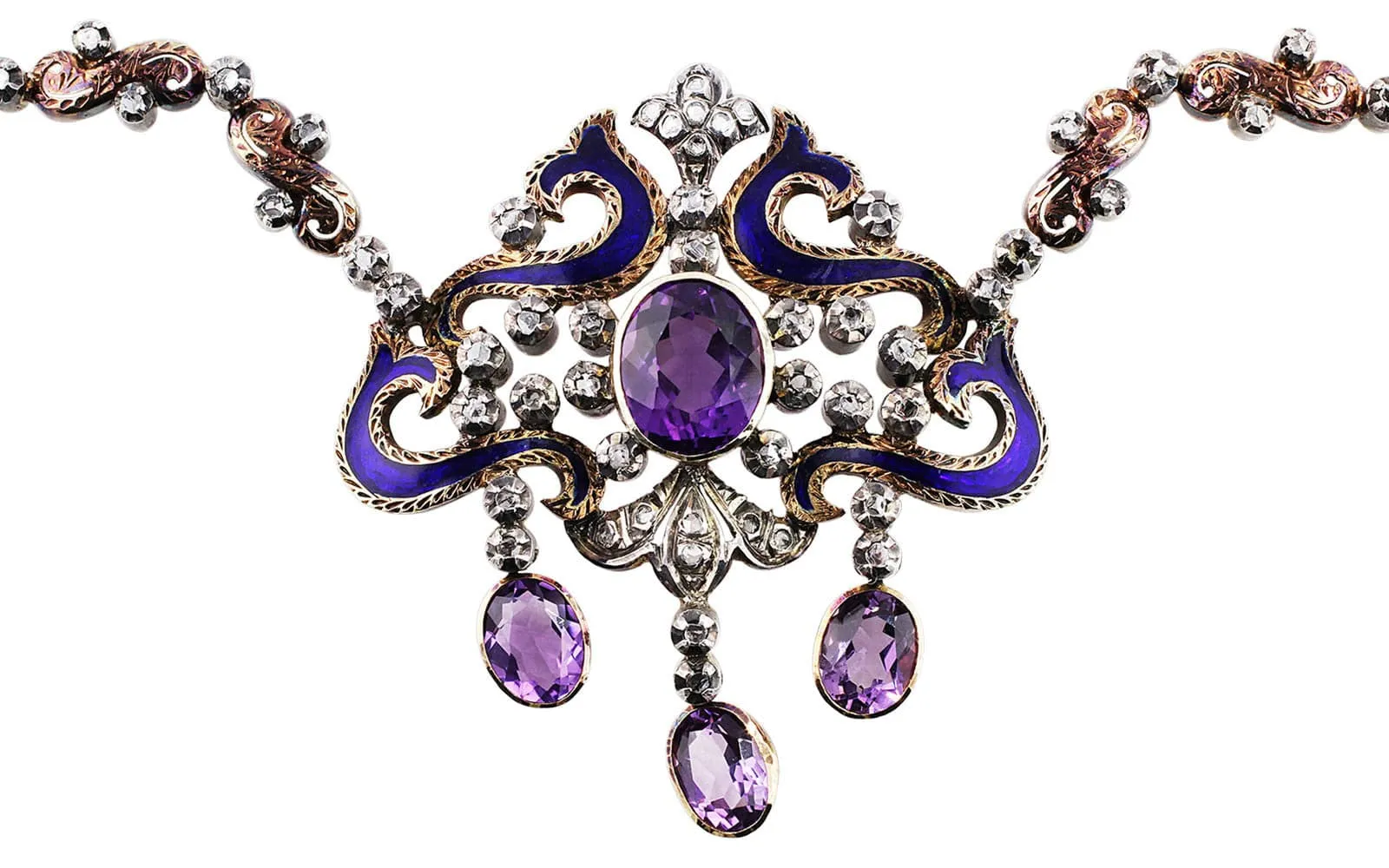 19k Gold and Silver Victorian Silver Diamond Amethyst Necklace & Earrings