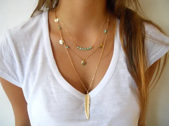 2017 New Fashion Boho Women's Simple Chain Multilayer Necklace Feather Pendant Sequins Tassel Necklace