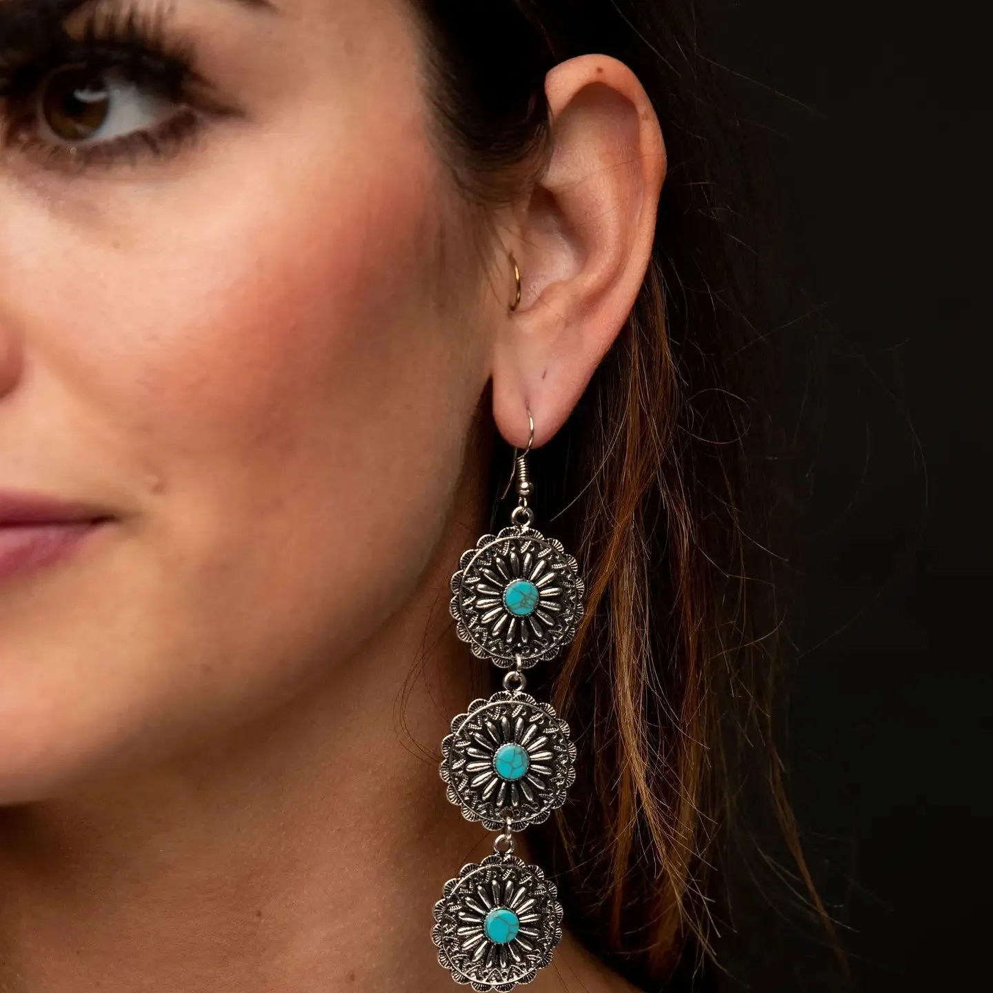 3 Drop Concho Turquoise Earrings