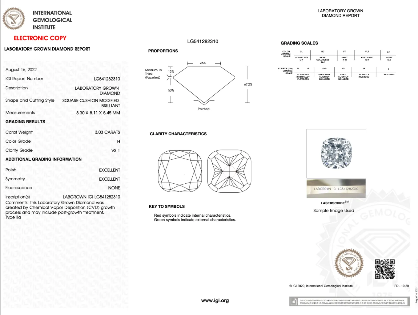 3.03 Carat, Cushion Cut, H Color, VS1 Clarity Lab grown Diamond in Platinum Ring