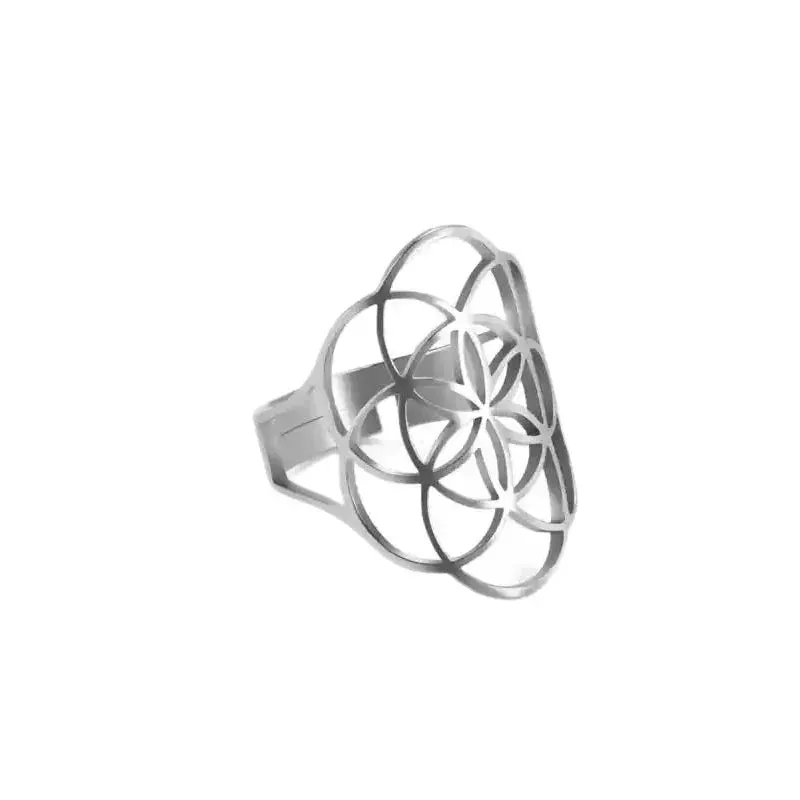 Adjustable Viking Flower of Life Stainless Steel Ring