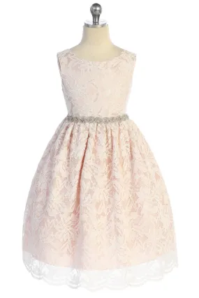 All Lace Girls Dress with V Back & Bow and Rhinestone Trim