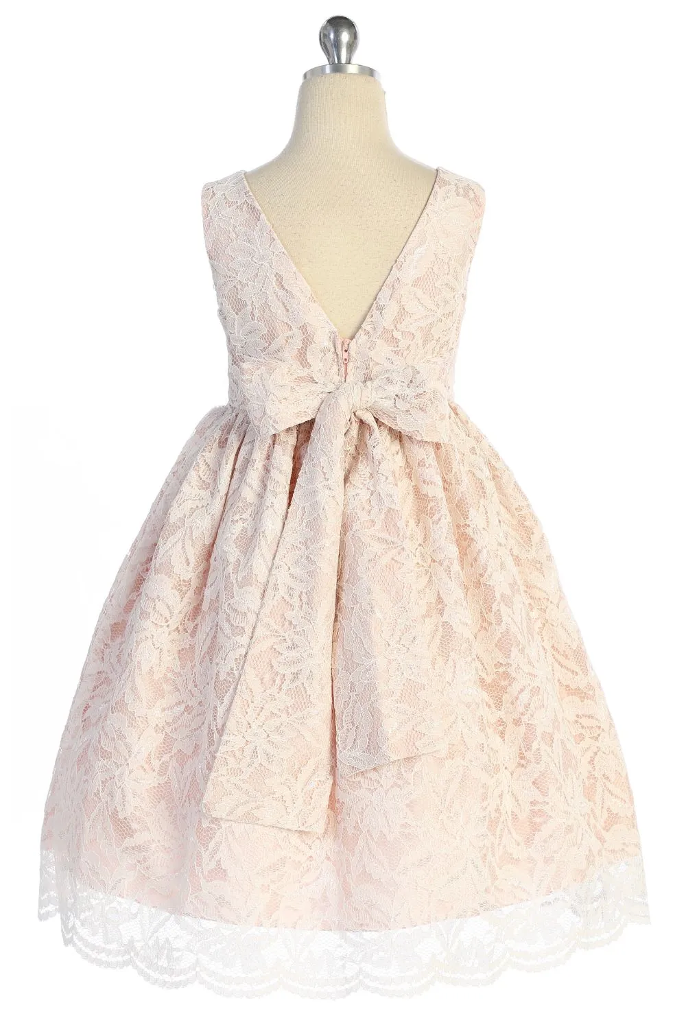 All Lace Girls Dress with V Back & Bow and Rhinestone Trim