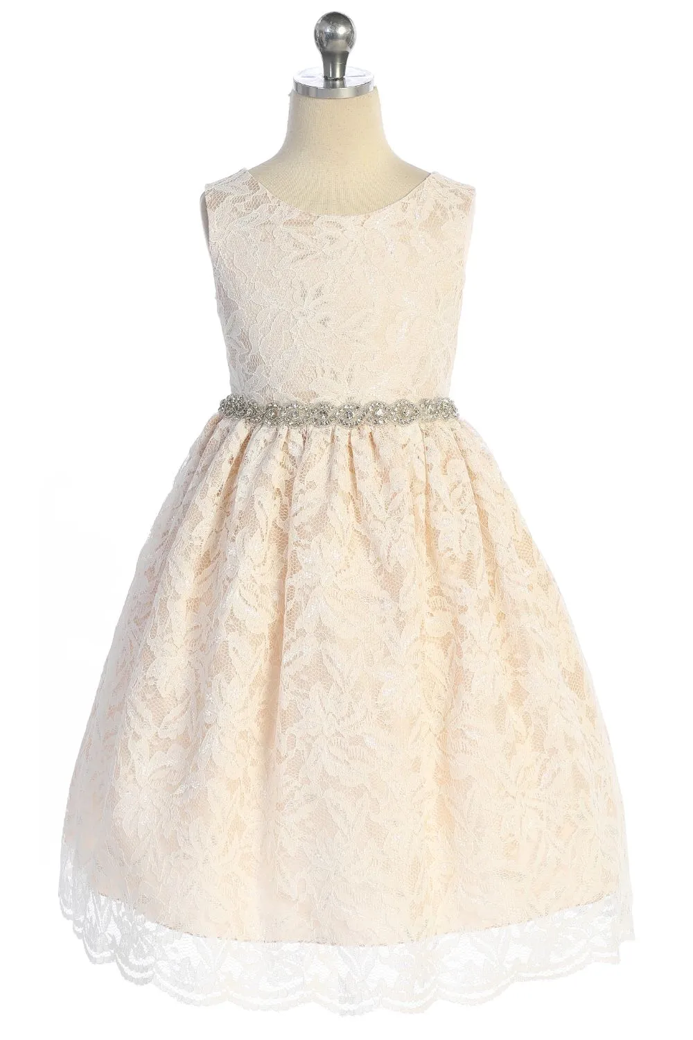 All Lace Girls Dress with V Back & Bow and Rhinestone Trim