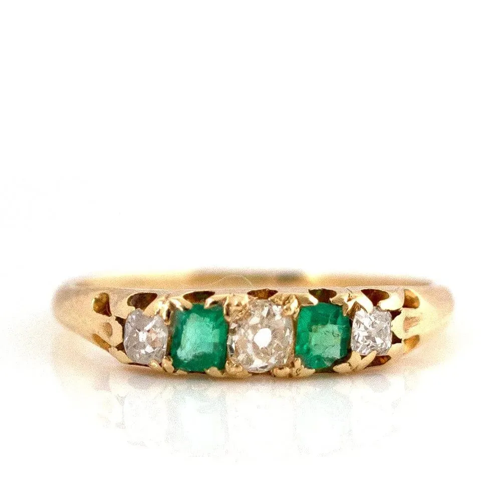 Antique Victorian Five Stone Emerald Diamond 18ct Gold Ring