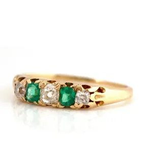 Antique Victorian Five Stone Emerald Diamond 18ct Gold Ring