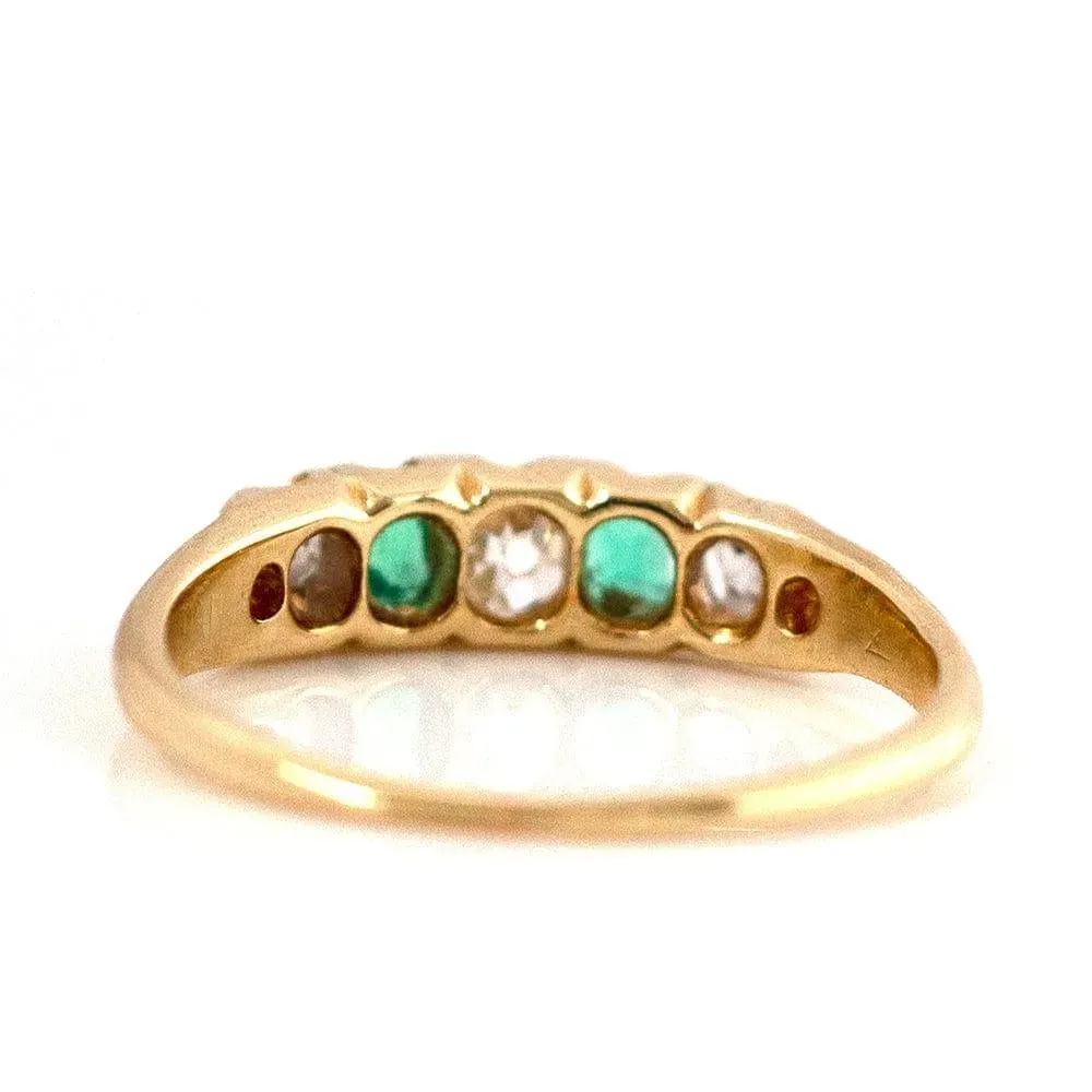 Antique Victorian Five Stone Emerald Diamond 18ct Gold Ring