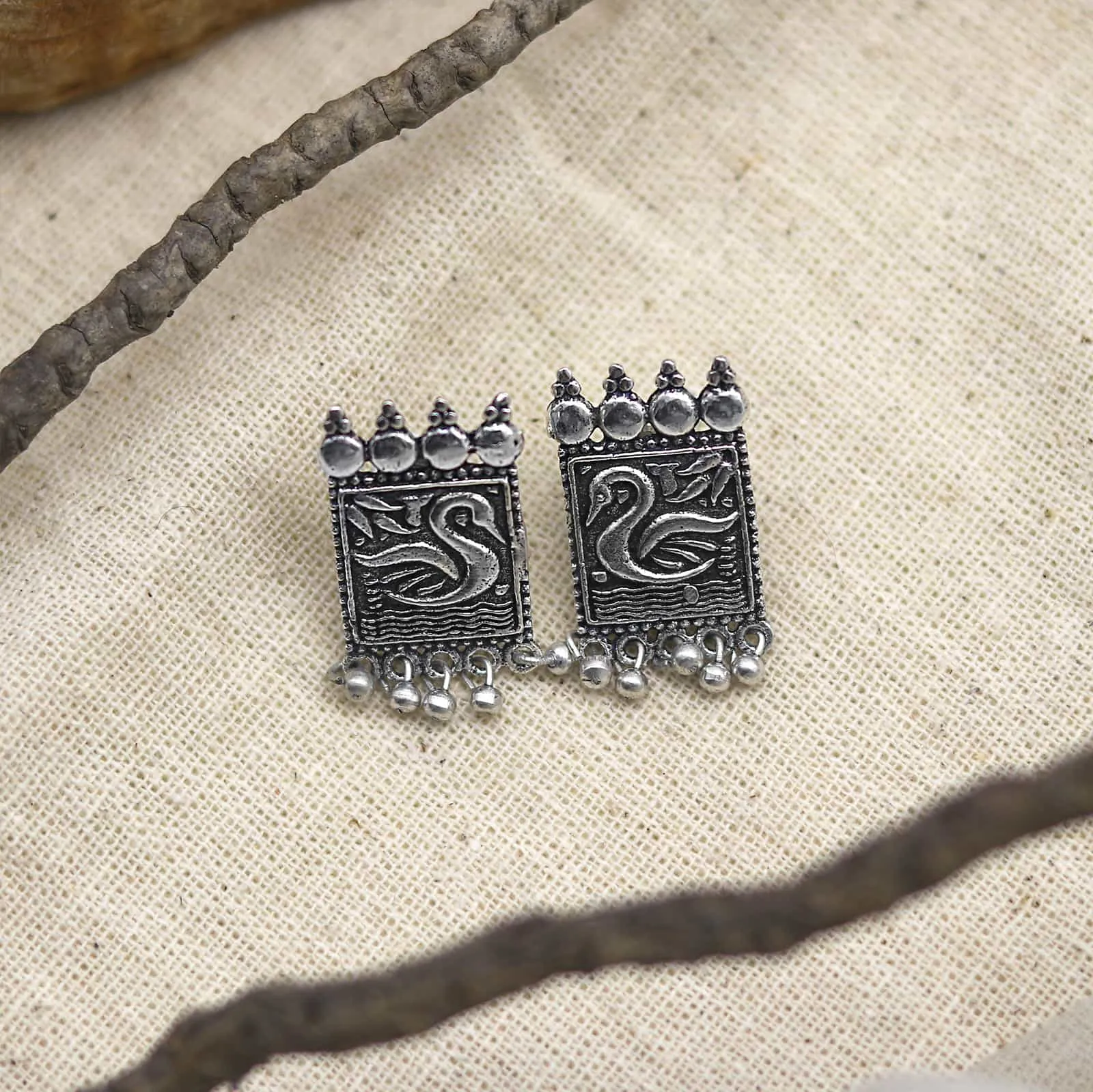 Antra Peacock Silver Oxidized Studs Earrings