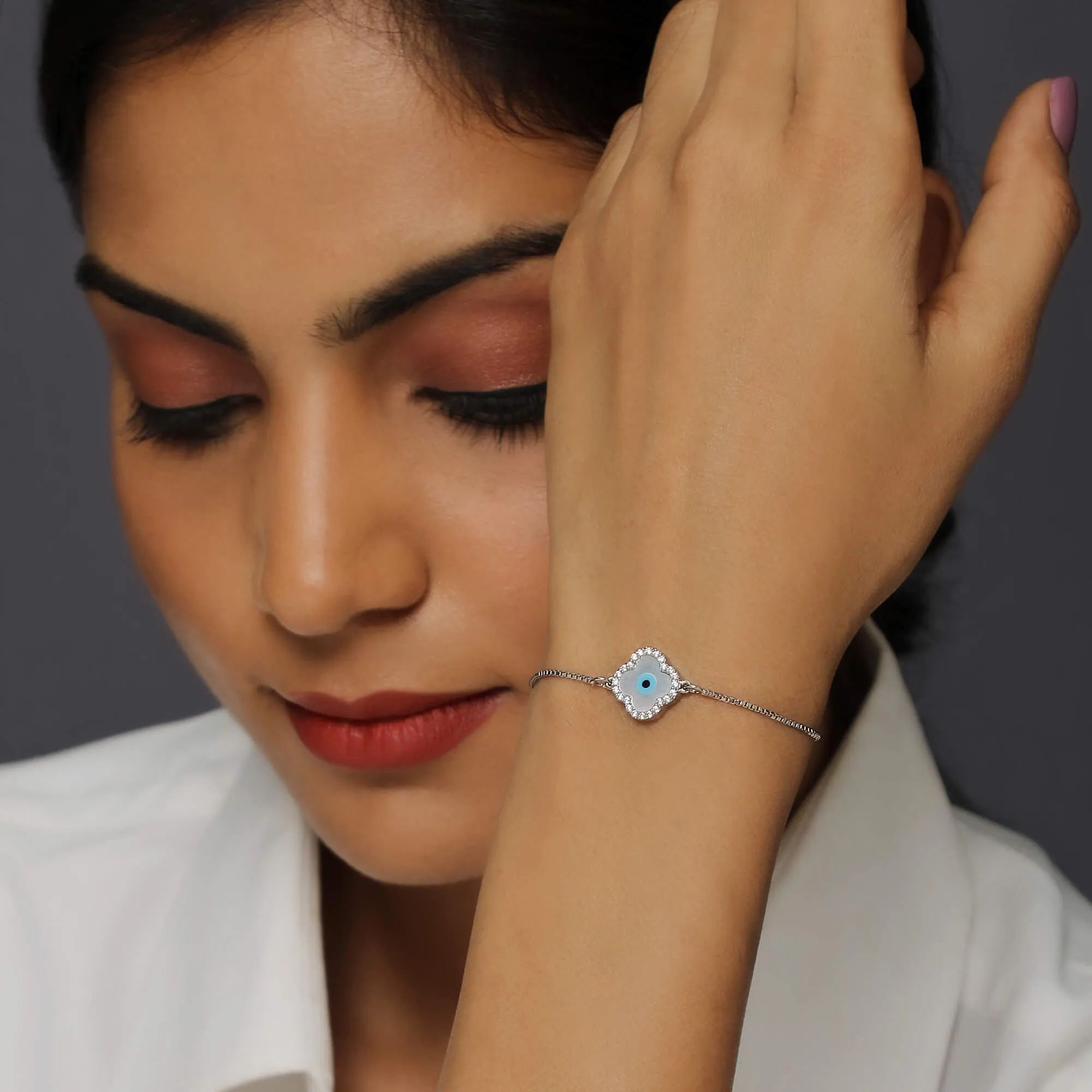 Anushka Sharma Silver Evil Eye Clover Bracelet