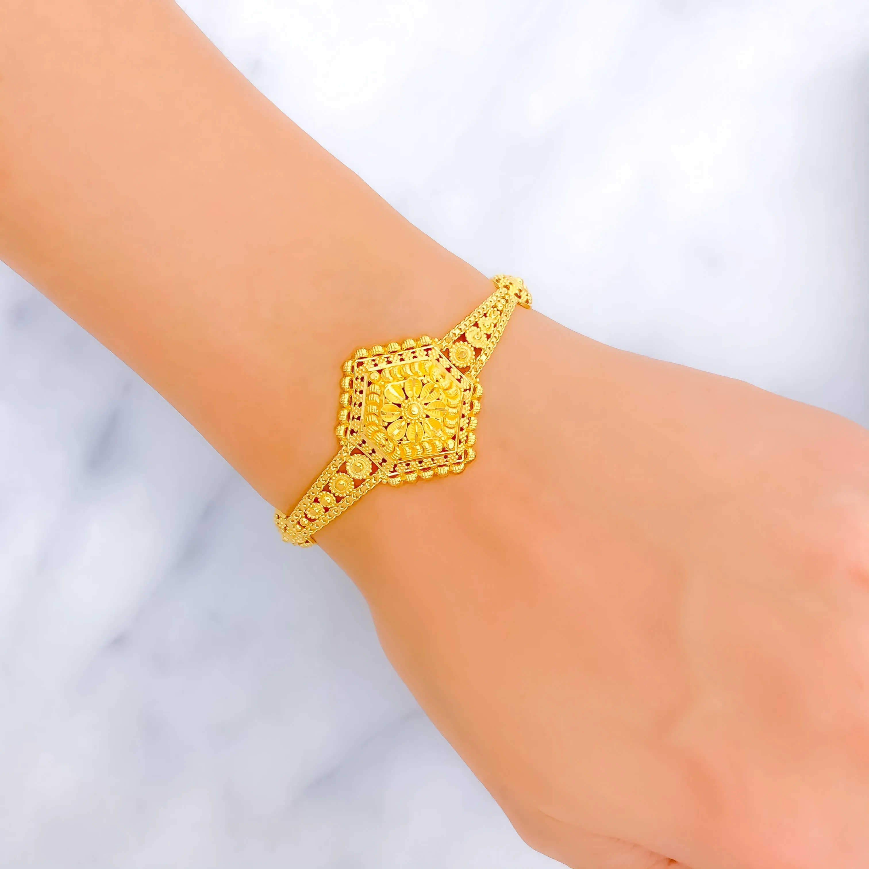 Attractive Floral Hexagon 22k Gold Bracelet