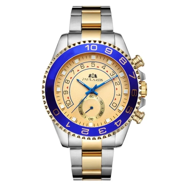 Automatic Self Wind Mechanical Stainless Steel Strap Casual Yellow Gold Silver Blue Bezel Master Business Men Watch