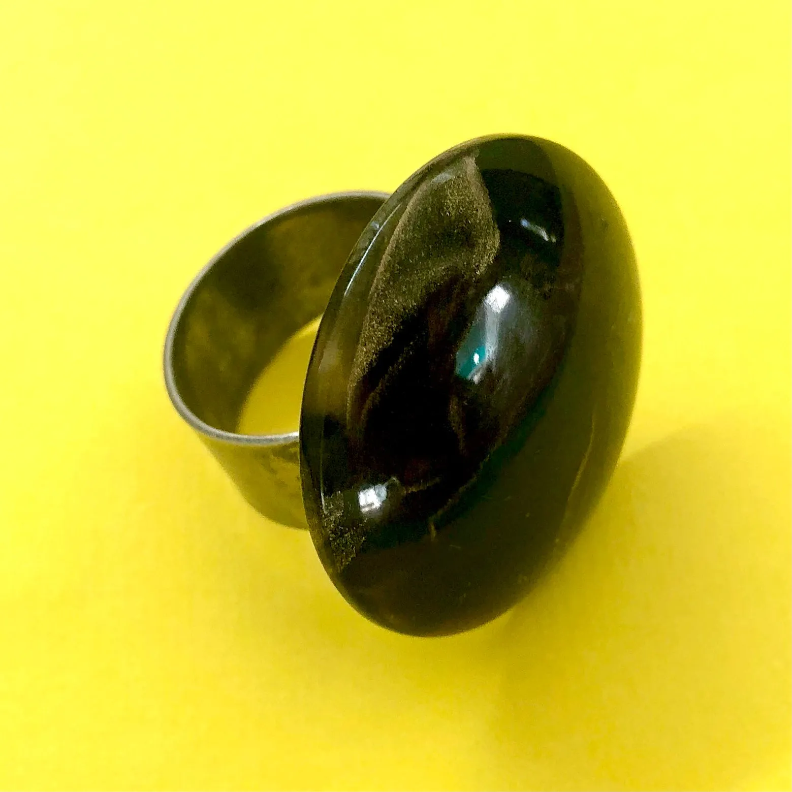 Black & Gold Marbled Lucite Silver Cocktail Ring