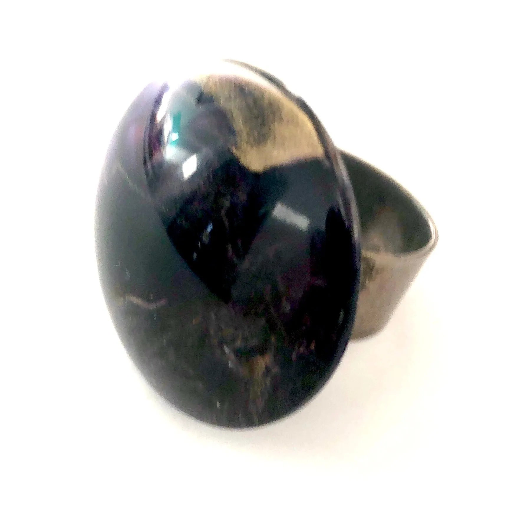 Black & Gold Marbled Lucite Silver Cocktail Ring