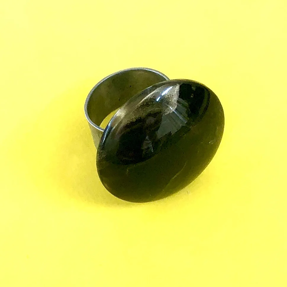 Black & Gold Marbled Lucite Silver Cocktail Ring