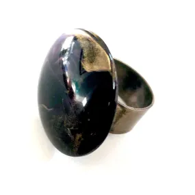 Black & Gold Marbled Lucite Silver Cocktail Ring