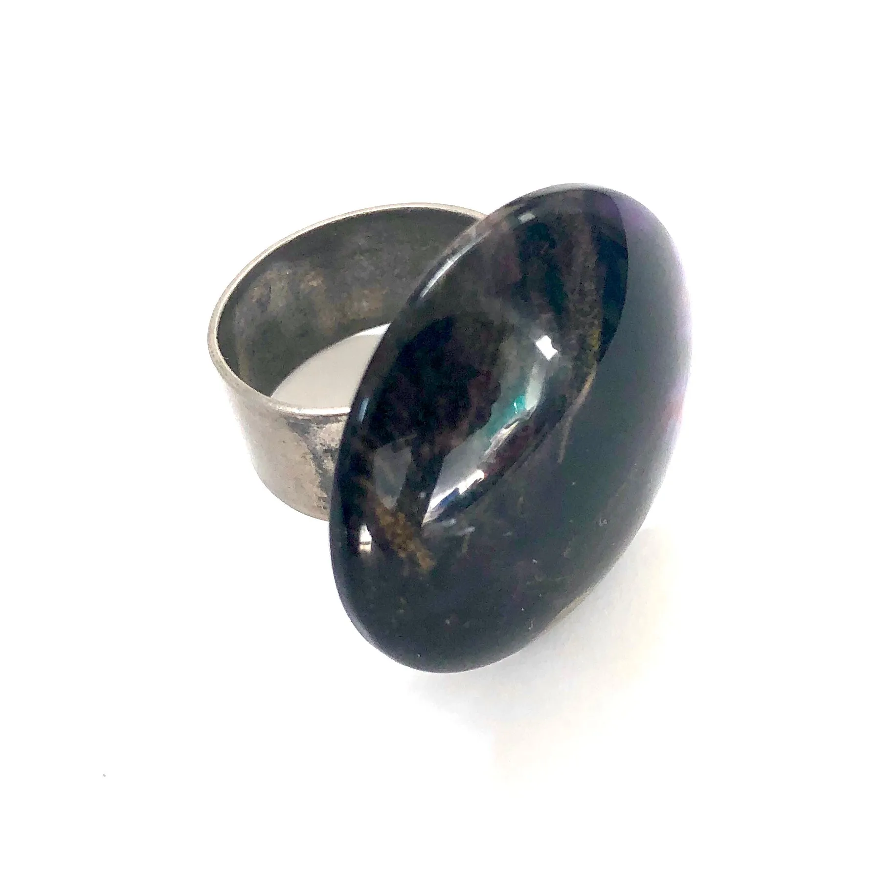 Black & Gold Marbled Lucite Silver Cocktail Ring