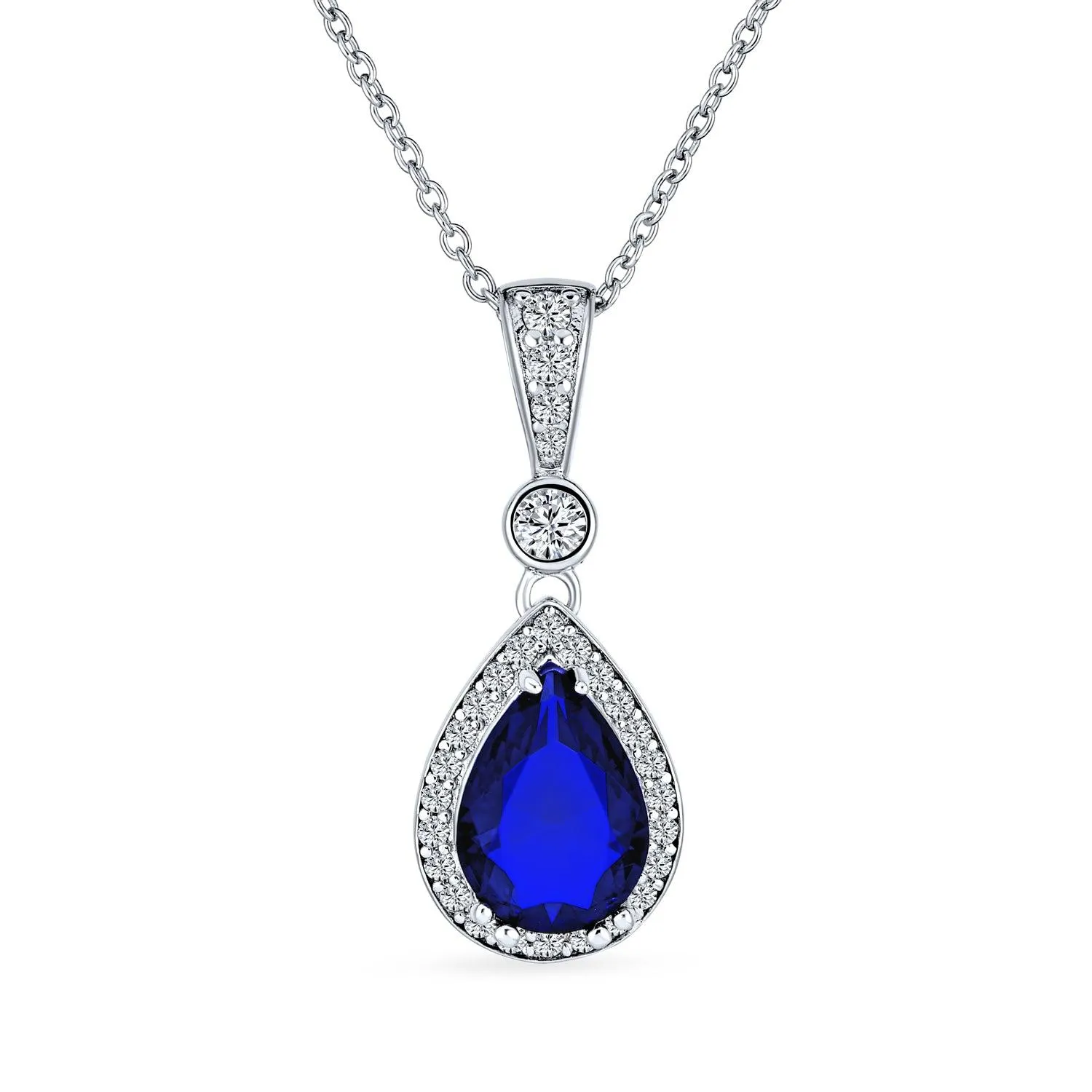 Blue Solitaire Drop Pendant Necklace Imitation Sapphire CZ Halo