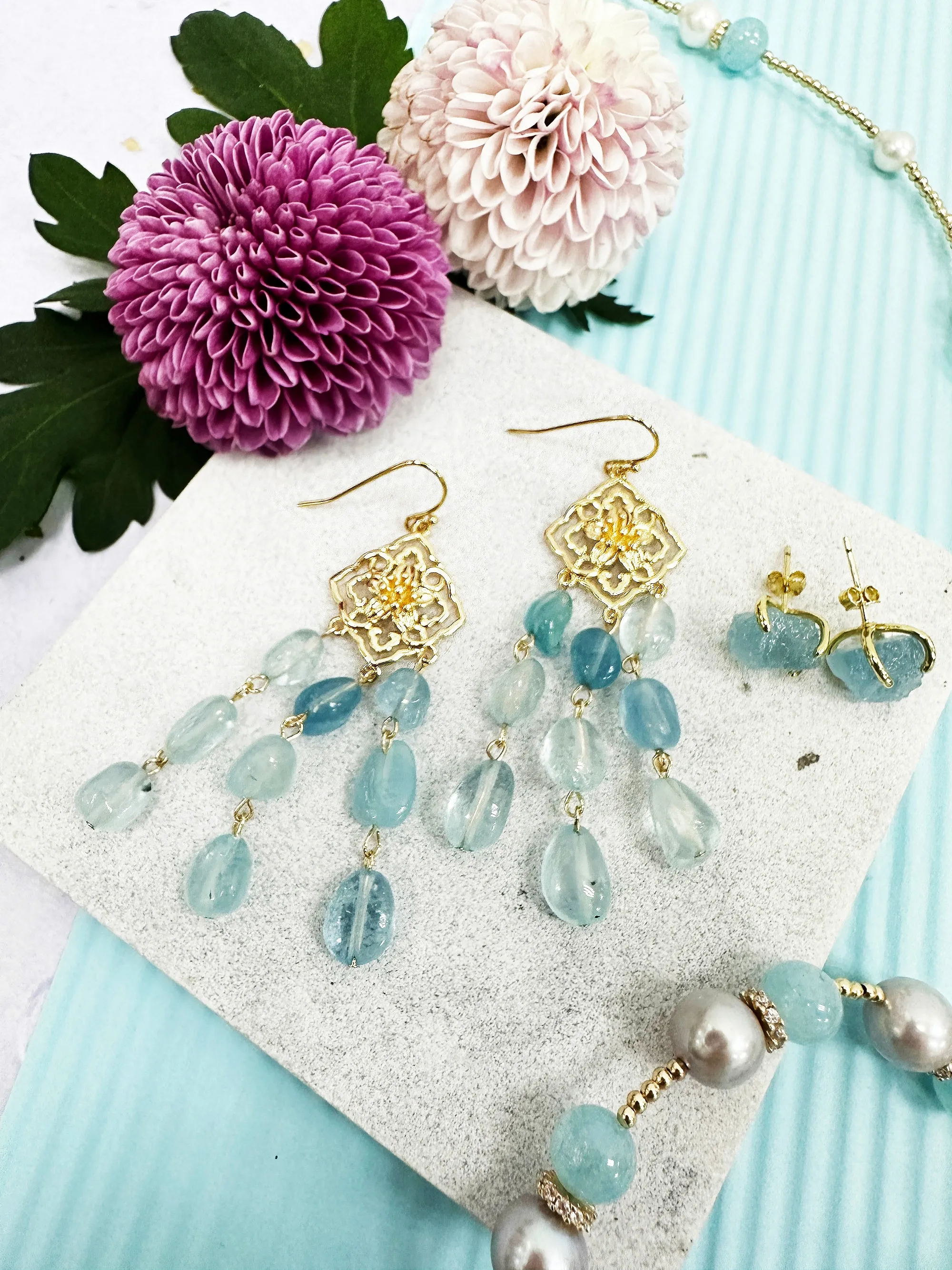 Bohemian Aquamarine Beaded Tassel Earrings LE017