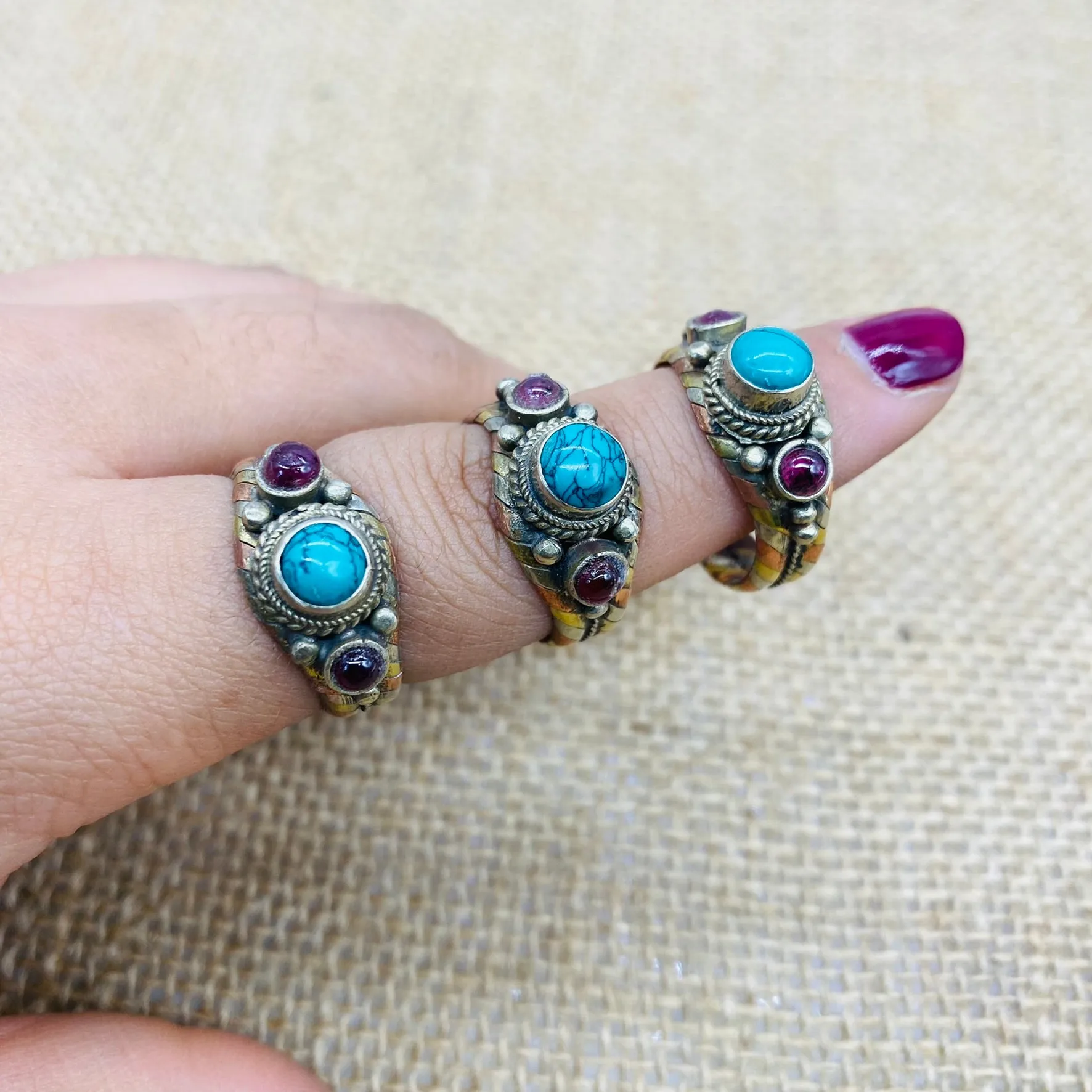 Bohemian Gemstone Ring, Handmade Rings, Gift for her, Rosequartz Jade Garnet Lapis Lazuli Turquoise Onyx , Copper Adjustable Ring