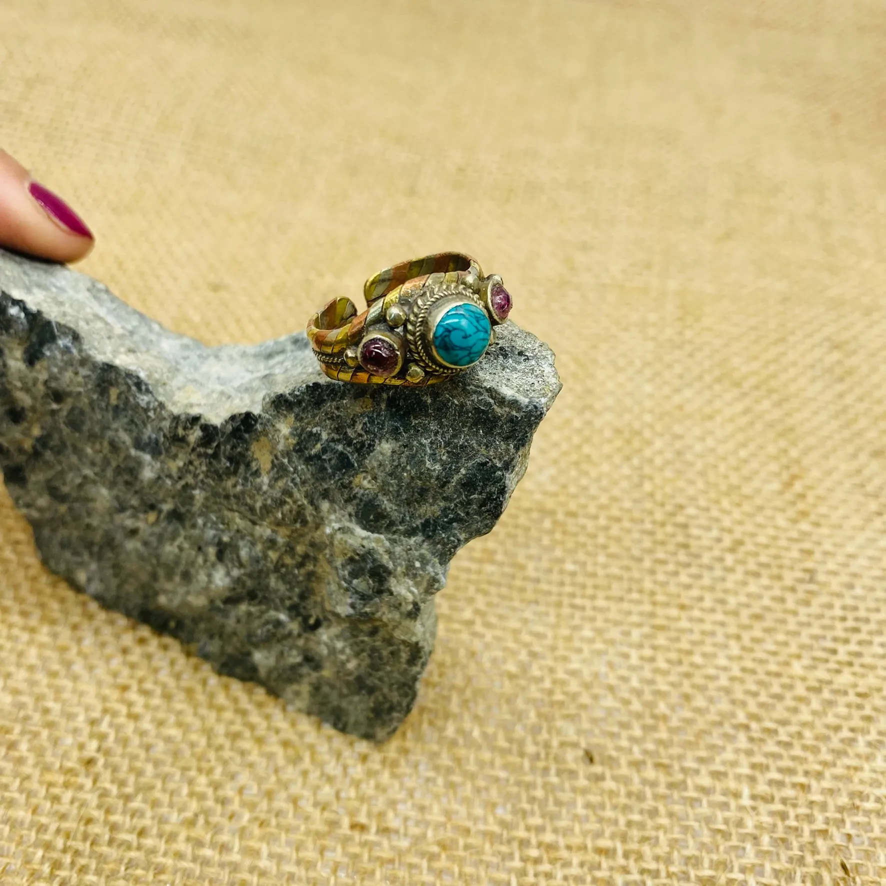 Bohemian Gemstone Ring, Handmade Rings, Gift for her, Rosequartz Jade Garnet Lapis Lazuli Turquoise Onyx , Copper Adjustable Ring