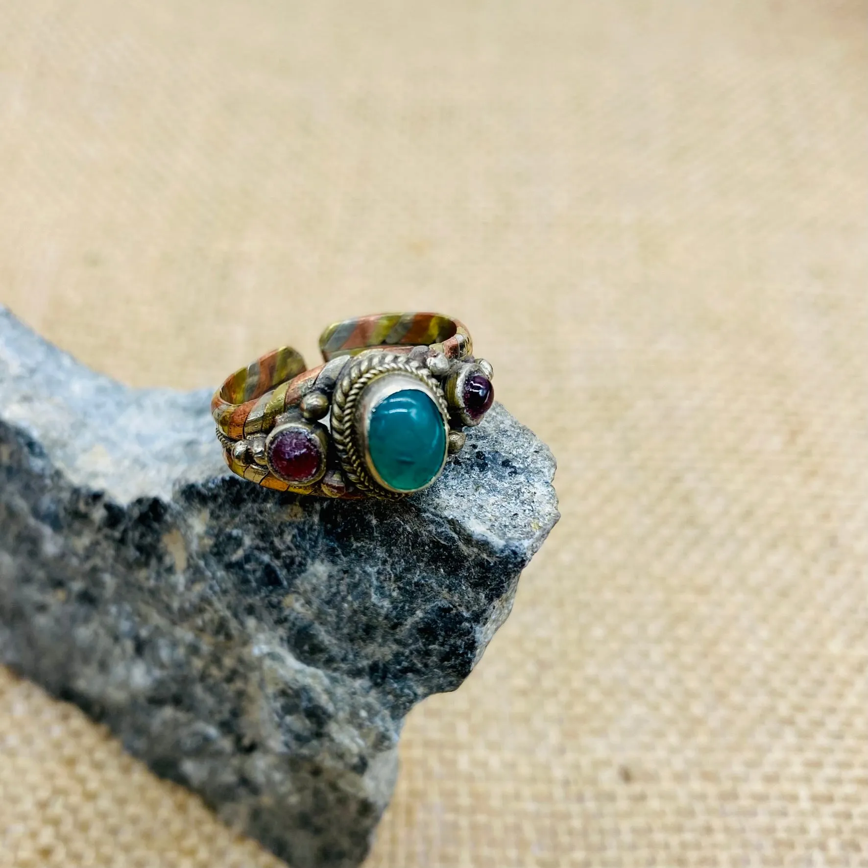 Bohemian Gemstone Ring, Handmade Rings, Gift for her, Rosequartz Jade Garnet Lapis Lazuli Turquoise Onyx , Copper Adjustable Ring