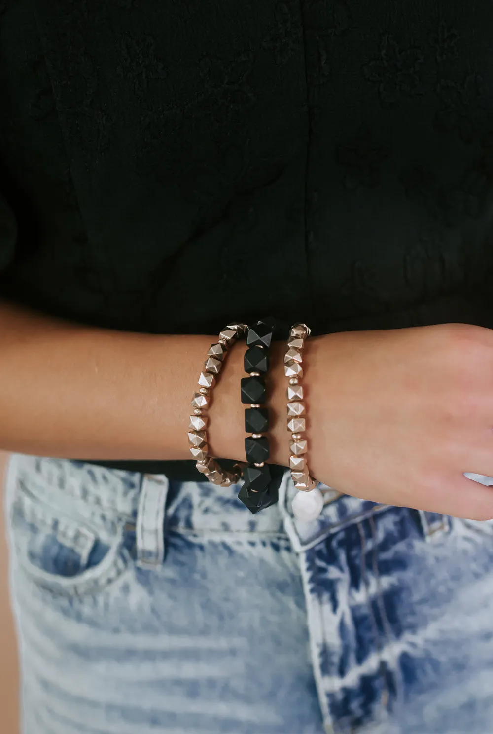 Boho Beads Bracelet Stack, Black