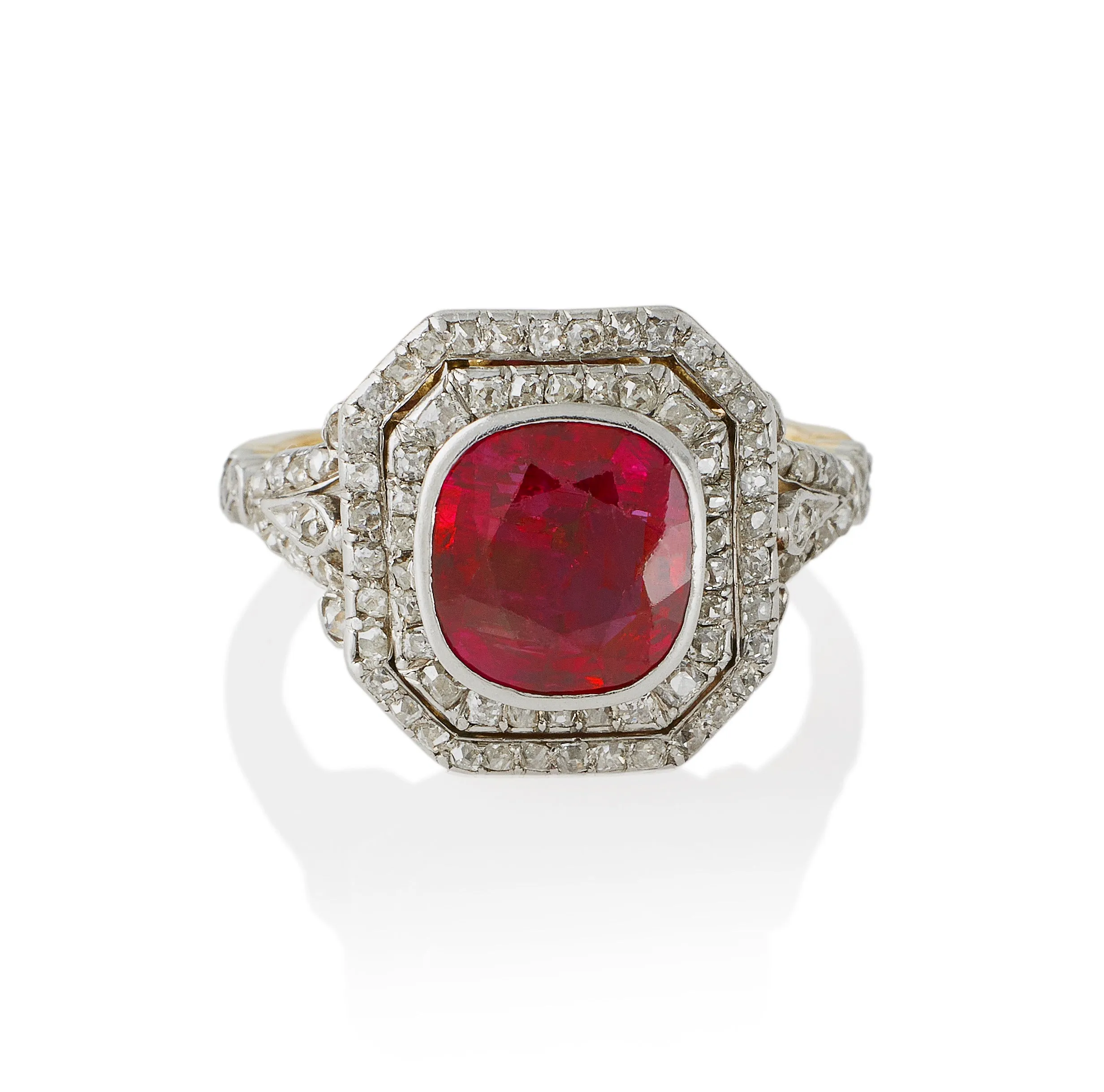 Burmese SSEF No-Heat Ruby and Old Mine-cut Diamond Ring