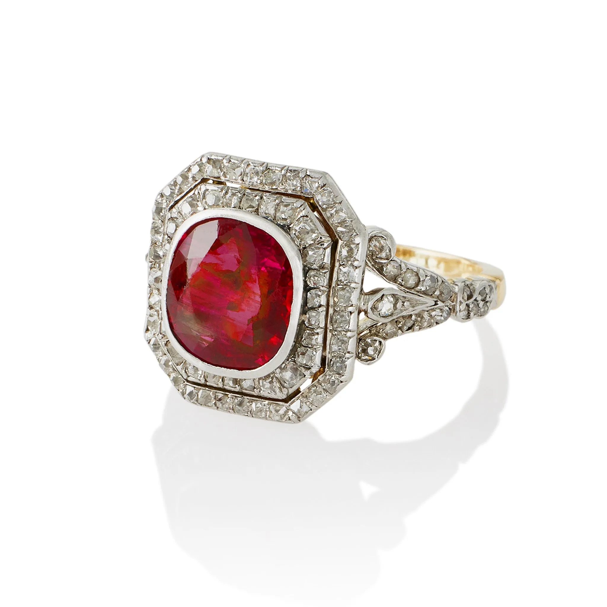 Burmese SSEF No-Heat Ruby and Old Mine-cut Diamond Ring