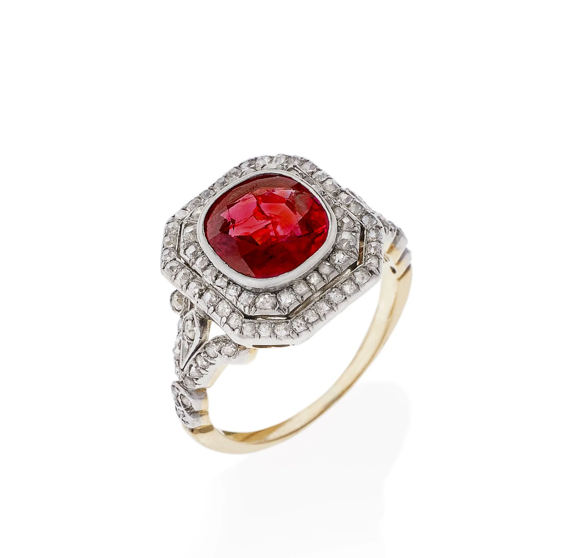 Burmese SSEF No-Heat Ruby and Old Mine-cut Diamond Ring