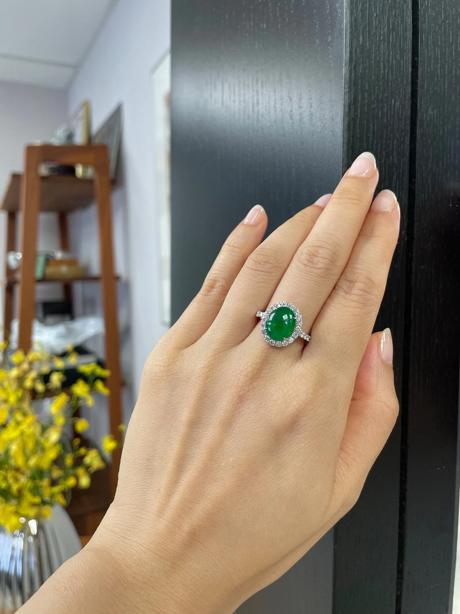 Certified Natural Oval Green Jade & Diamond Ring in White Gold