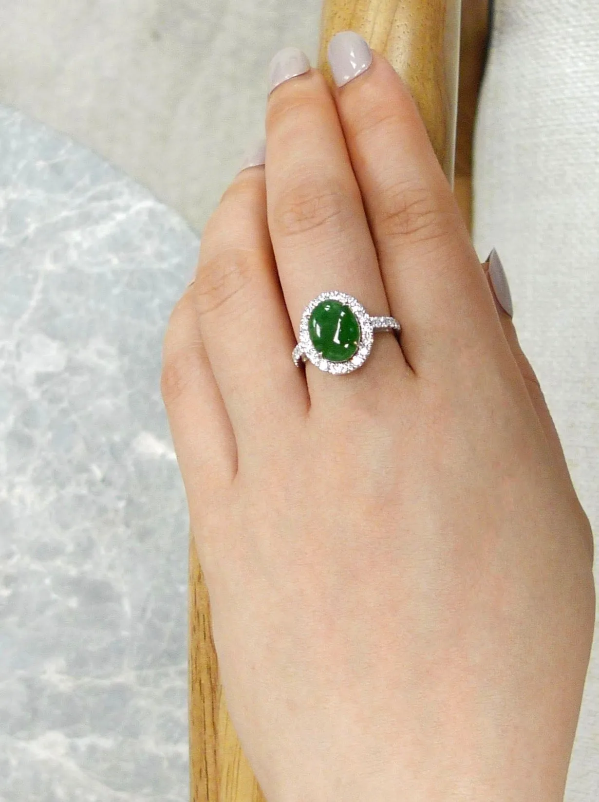 Certified Natural Oval Green Jade & Diamond Ring in White Gold